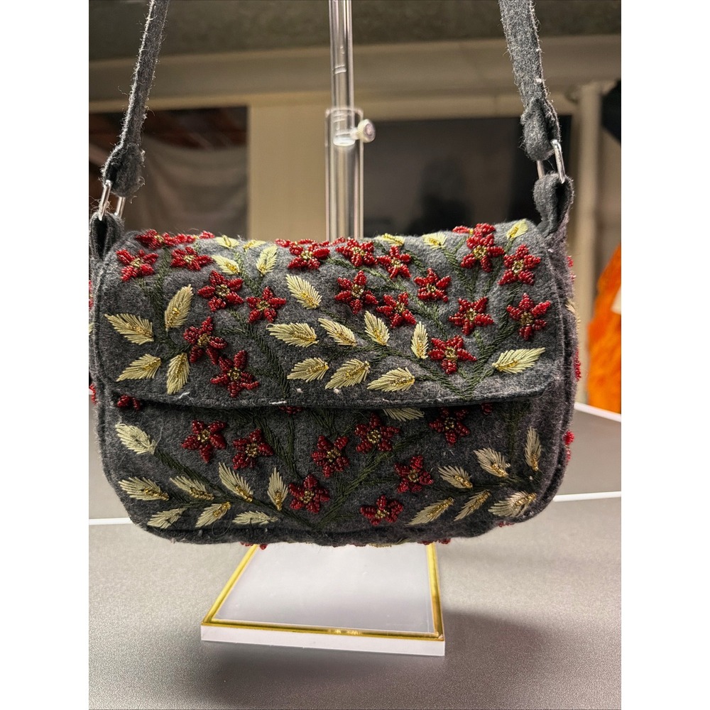 Unbranded Grey Wool Felt Beaded Floral Shoulder Bag Red Flowers Boho Mini Purse
